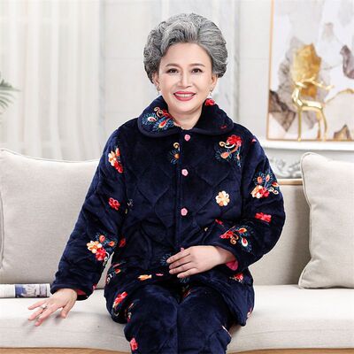 中老年人夹棉加厚睡衣女妈妈冬季家居服外套奶奶装珊瑚绒睡袄套装