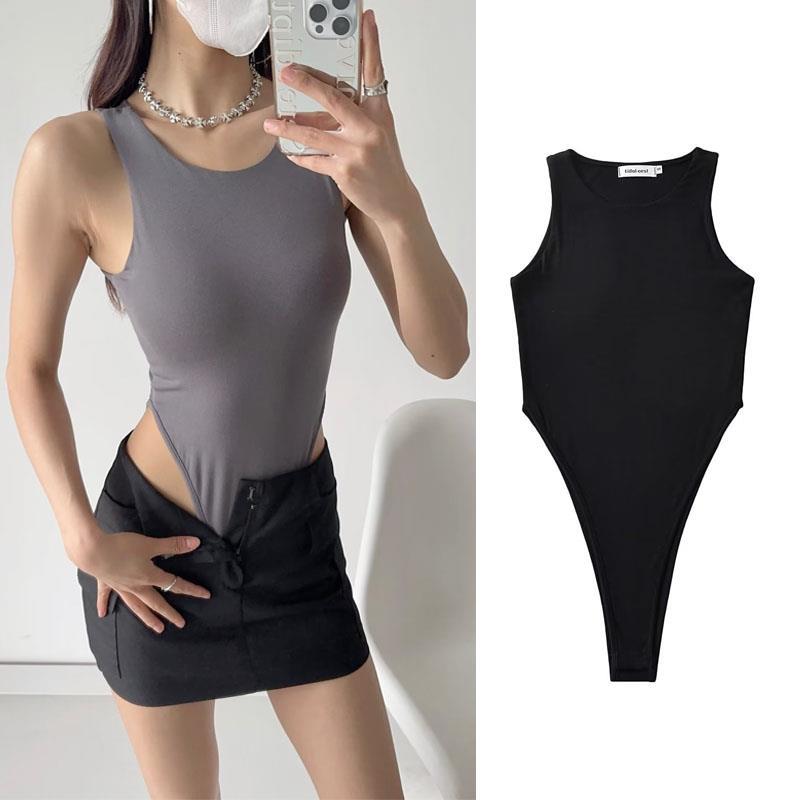 双层无袖背心女打底内搭外穿连体衣女勒阴性感高开叉露腰连档上衣