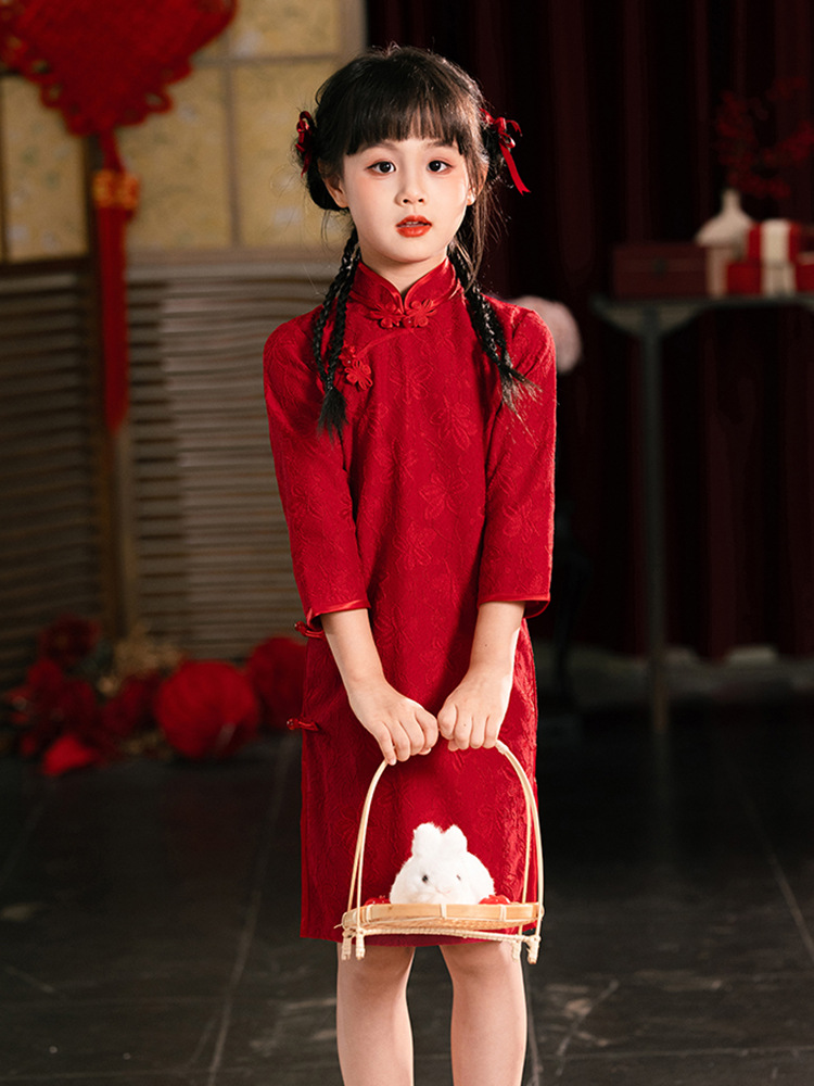 女童复古旗袍裙春夏中国风改良中式礼服连衣裙红色儿童古筝演出服