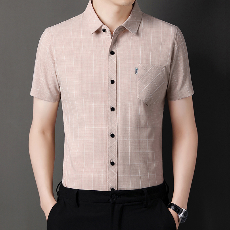 Summer Short-Sleeved Shirt for Young Men Thin Slim-Fit Plaid Real Pocket Decorative Non-Ironing Shirt One Piece Dropshipping