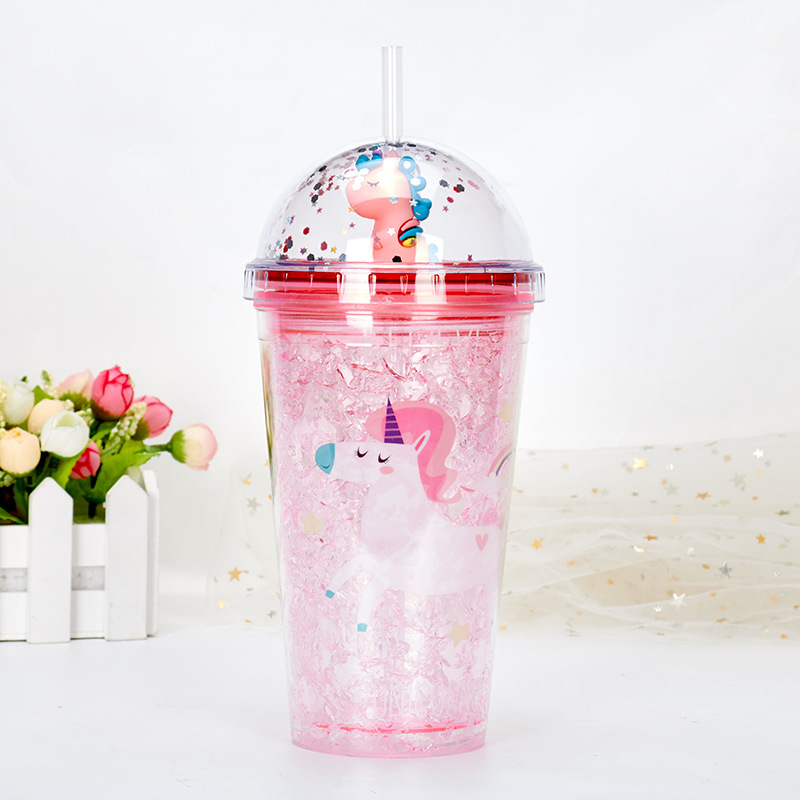 Cup with Straw Double-Layer Cartoon Microview Tumbler Internet Celebrity Unicorn Plastic Cup Gift Wholesale