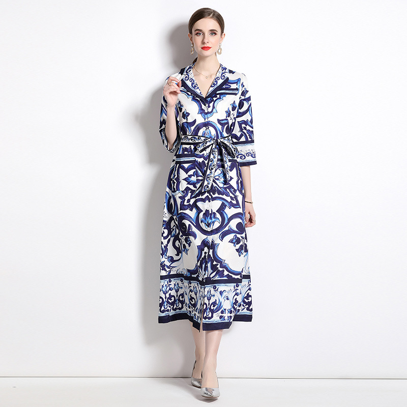 复古青花瓷气质长裙系带收腰口袋连衣裙中袖单排扣衬衫裙睡衣裙