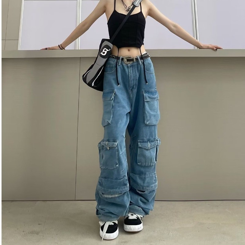 Street Hipster New Fashion Smoky Gray Stitching Multi-Pocket Cargo Pants Street Washed and Worn Long Wide-Leg Pants Women Clothes