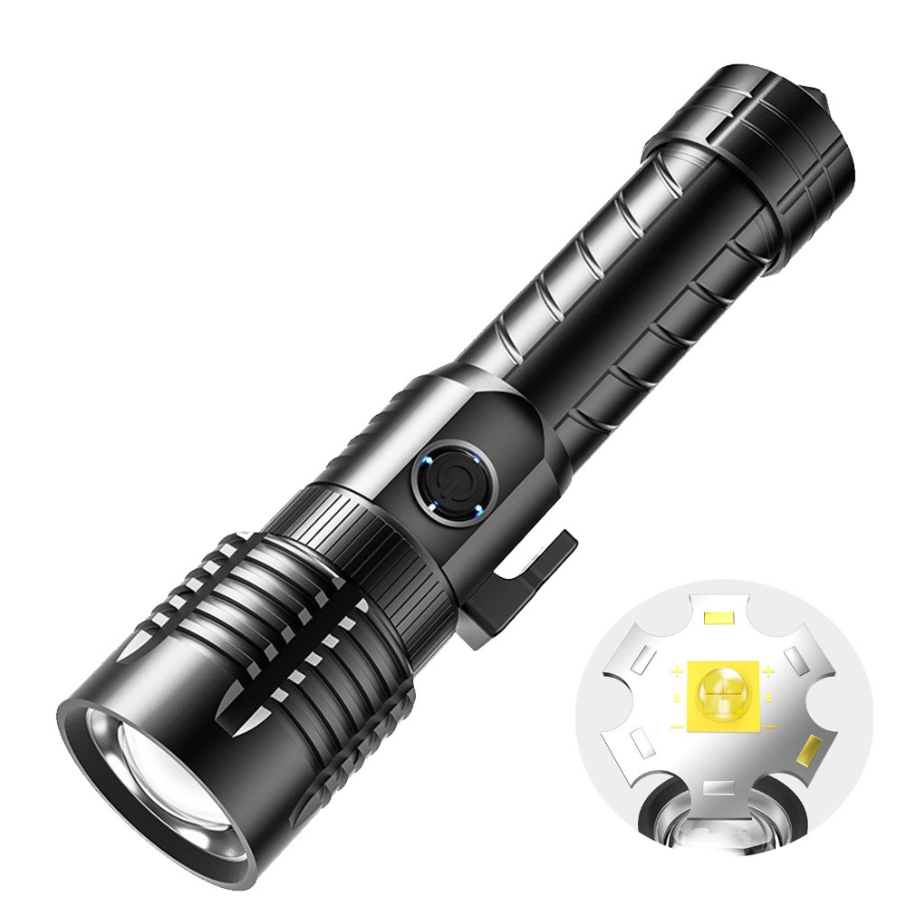 跨境新款强光p99手电筒逃生带割绳器usb充电大功率调焦尾部安全锤