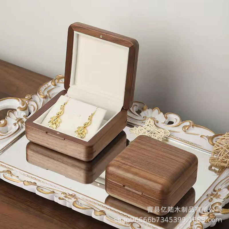 黑胡桃木珠宝项链吊坠首饰盒结婚对戒盒绒布钻戒盒高端实木首饰盒