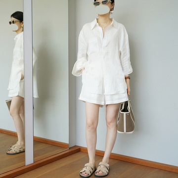 简单的疏离感 敲好穿的玫瑰粉和纯白亚麻系列防晒休闲女套装-阿里巴巴