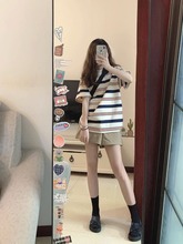时尚宽松浅色条纹短袖短裤运动套装女夏季韩版炸街两件套女学生潮