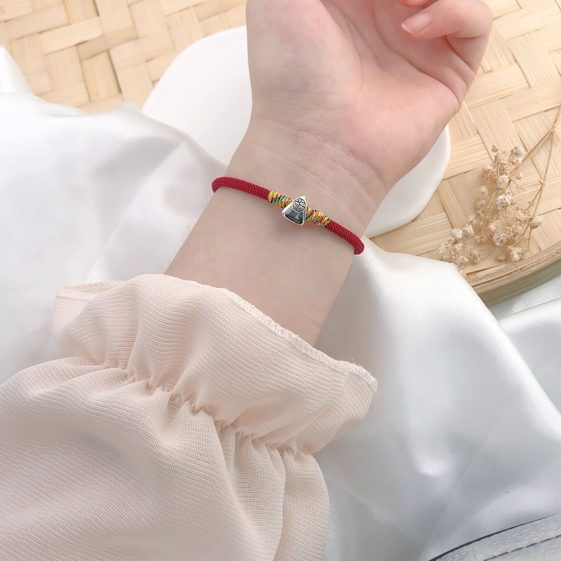 纯银s925小粽子端午节五色手绳编织福字古风手链男女款可调节简约