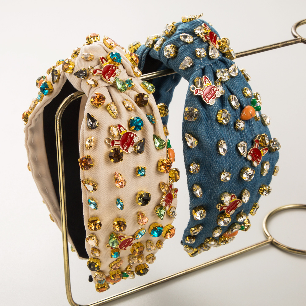 新款巴洛克满钻宽边发饰高品质牛仔布艺镶钻手工缝制兔子配饰发箍