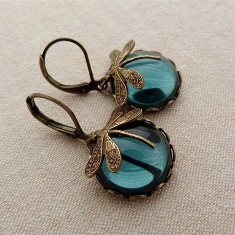 Qiyou Creative Vintage Dragonfly Green Crystal Pendant Earrings Charm Women Jewelry Party Bohemian Earrings