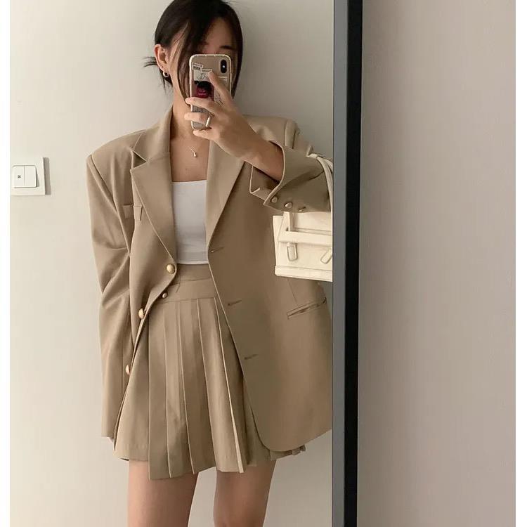 韩版西装套装裙春秋新款小个子气质单排扣西服外套 百褶裙两件套
