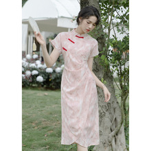 新中式粉色连衣裙女夏设计感小众2024新款收腰显瘦改良旗袍小个子