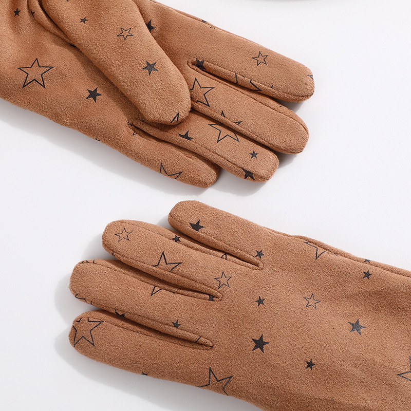 Star Printed Suede Gloves Female Warm-Keeping and Cold-Proof Cycling Gloves Velvet Lined Windproof Winter Gloves Dacron Gloves Wholesale