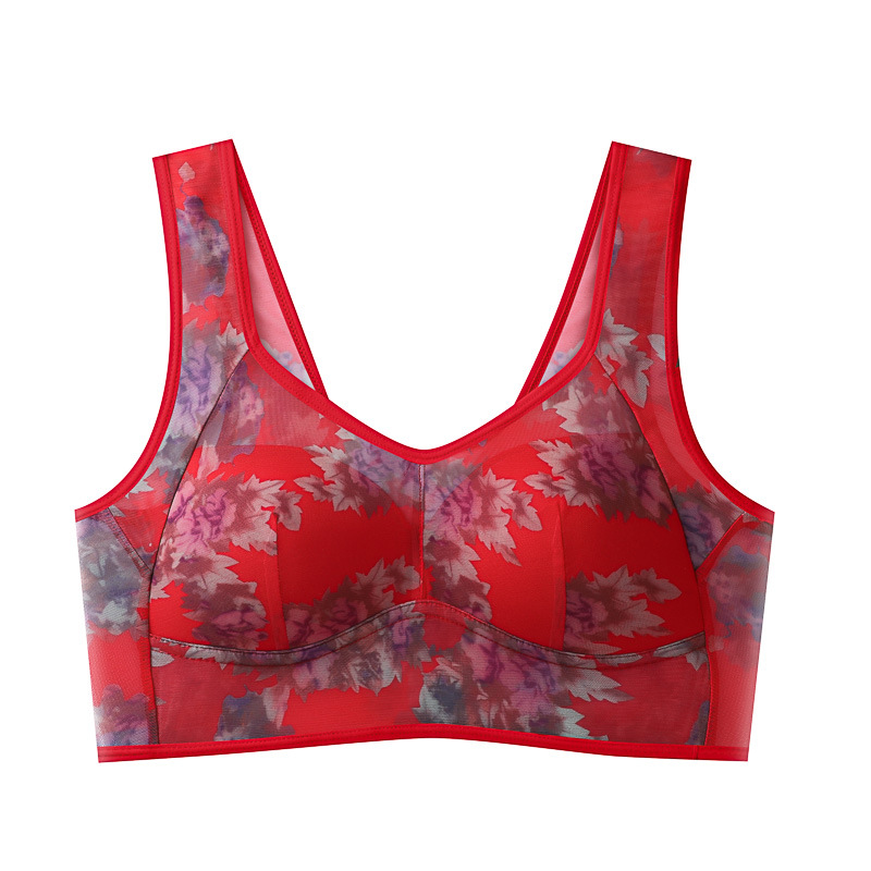 Mesh Floral Print plus Size Underwear One-Piece Cup Backless Bra Vest Style Push up Bra Women's Breathable Big Chest and Small