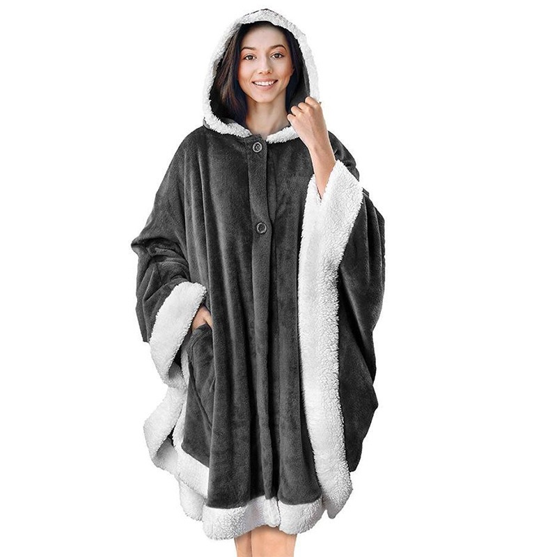 连帽斗篷休闲金丝绒懒人毯双口袋柔软毛绒披风披肩女式tv电视毯