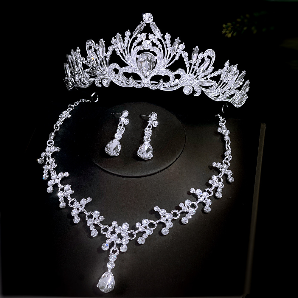 Wedding Bride Headdress Crown White Main Wedding Dress Birthday Hair Accessories Korean Style Luxury Necklace Three-Piece Earrings Set Pack in Stock