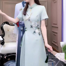 新中式高端刺绣名媛气质民族风中国风旗袍连衣裙2024夏季新款女装