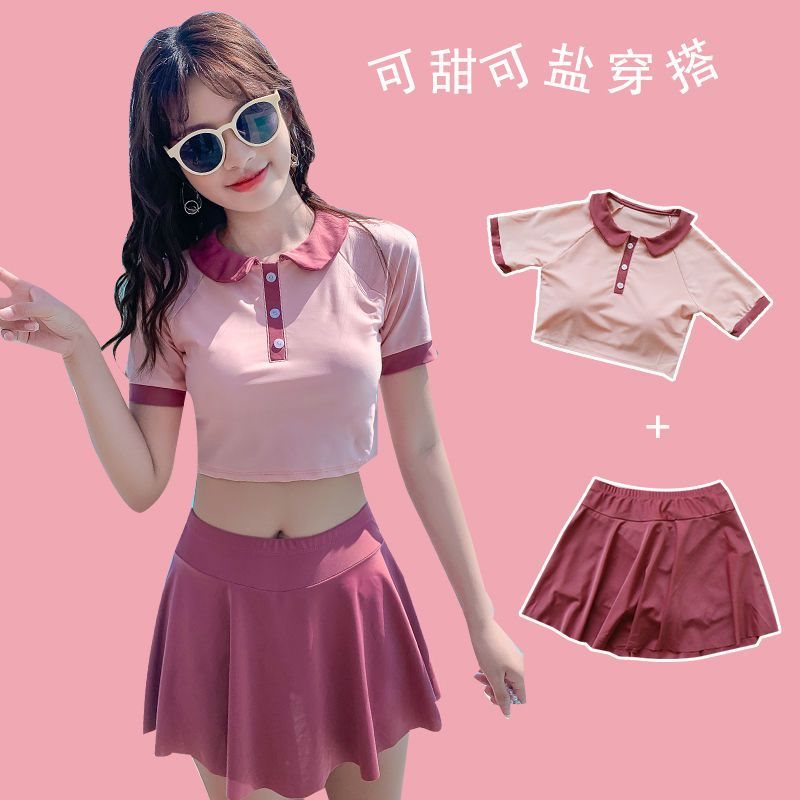 泳衣女保守2020新款遮肚显瘦分体游泳衣学生平角泳裤圆领温泉泳装