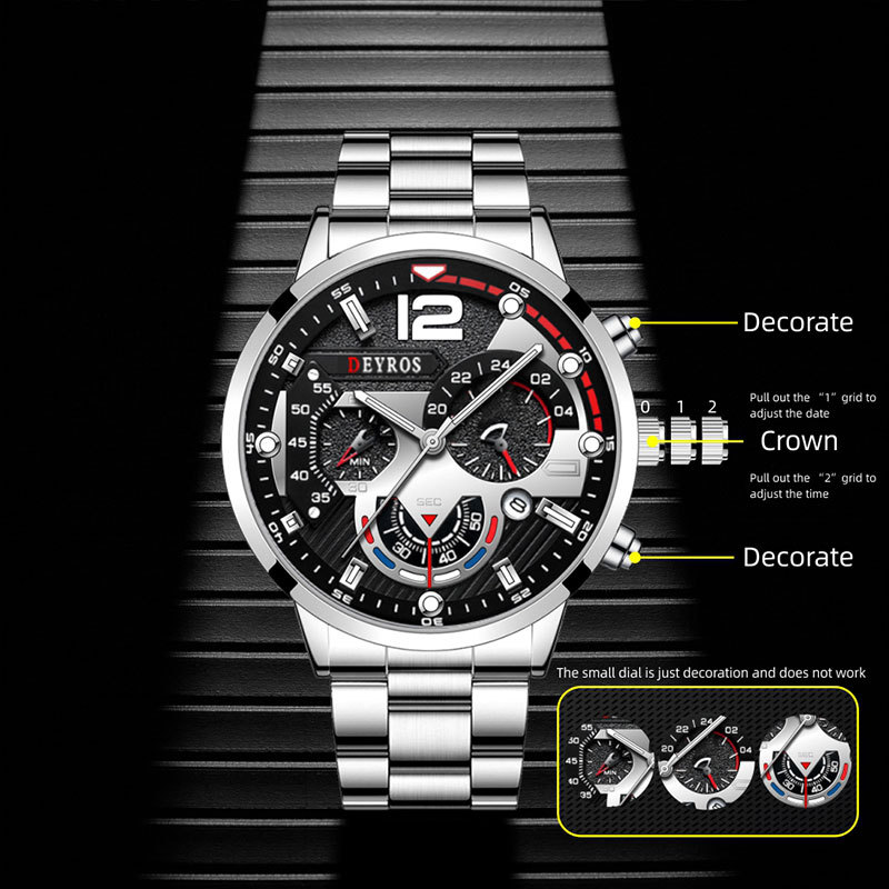 Deyros Watch Men's Watch Calendar Men's Watch Six-Pin Steel Belt Watch Quartz Watch Sports Men's Watch Luminous Watch Men