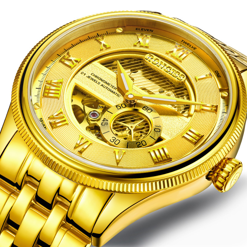 朗积瑞士黄金色手表男士自动机械表中古镂空土豪大金表纯金色进口