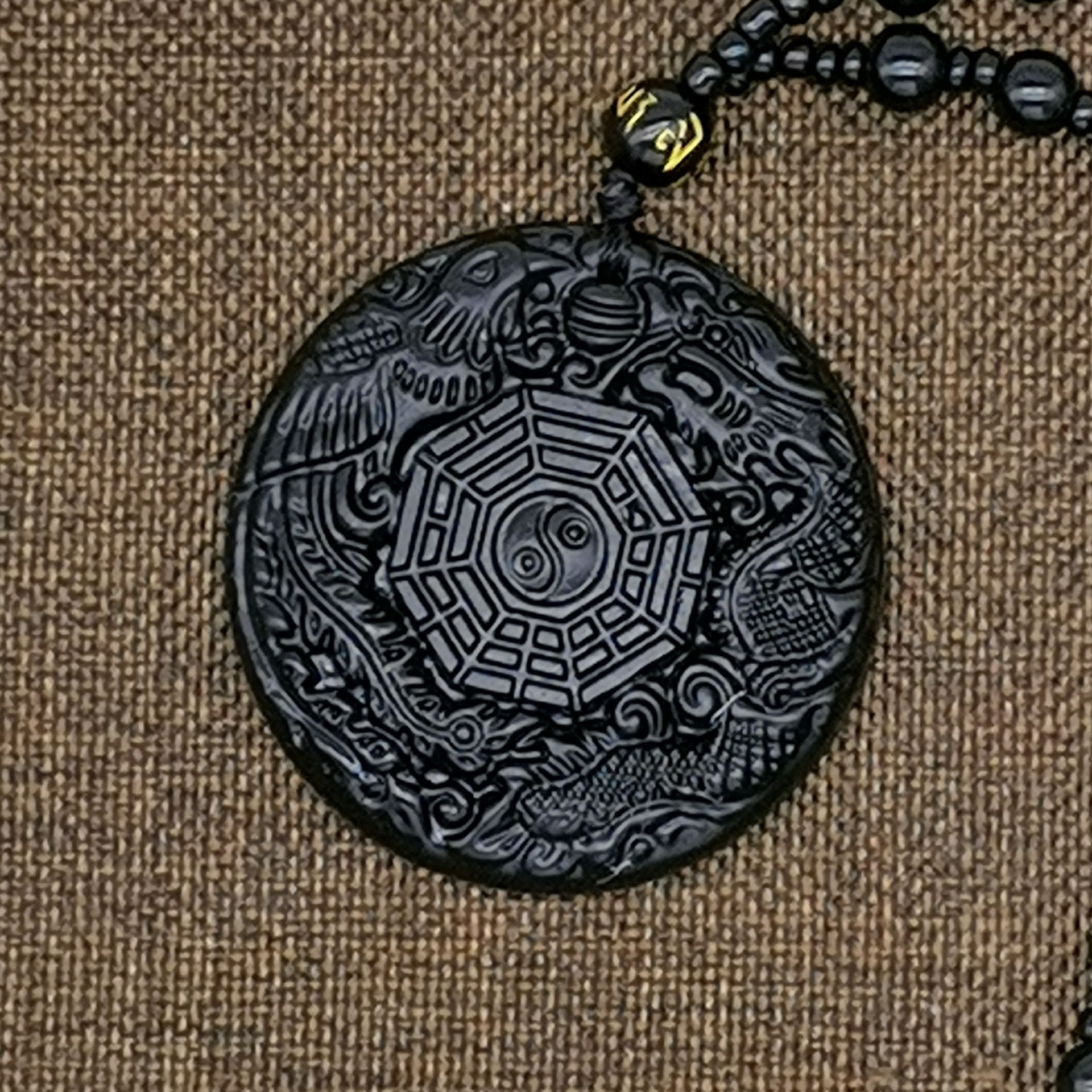 外贸跨境款黑曜石项链黑曜石龙凤八卦吊坠五行太极挂件道家风饰品