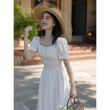 法式初恋甜美裙子方领泡泡袖白色连衣裙收腰气质长裙女夏季9831