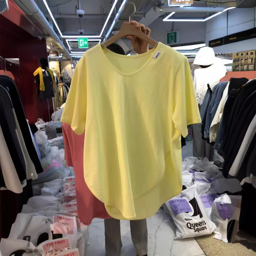 韩国东大门2024夏装新款时尚字母标v领开叉休闲短袖t恤女宽松t恤