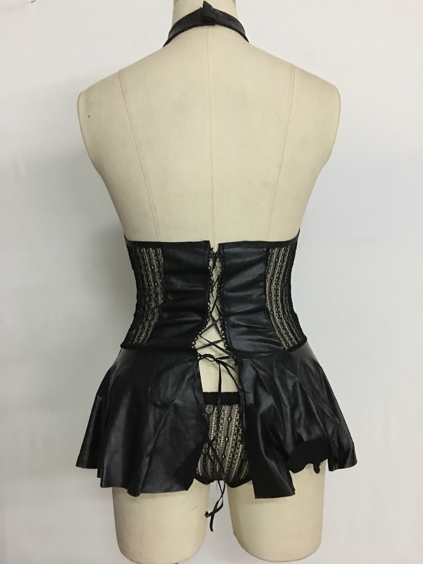 哥特新款欧美情趣内衣漆皮连体衣 皮款舞衣女开裆露胸机车服蕾丝