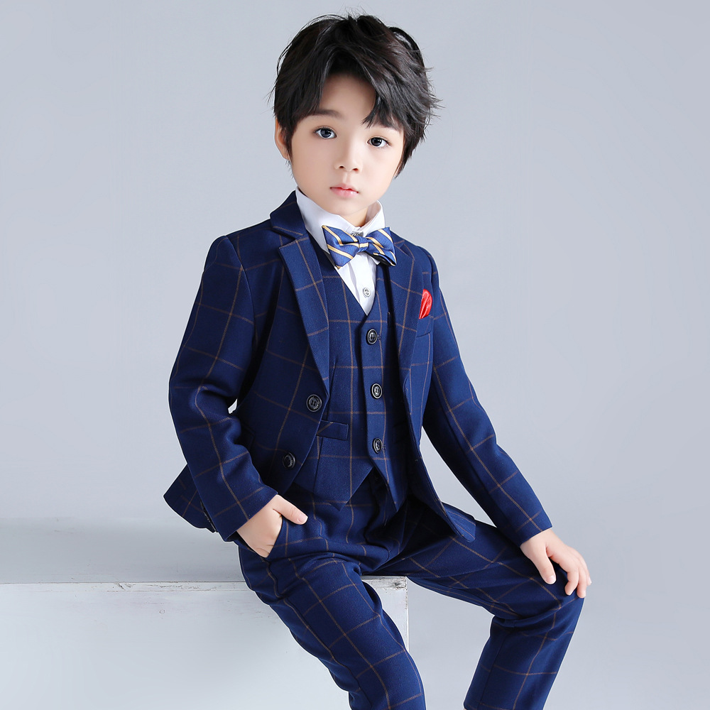 儿童小西装秋季帅气格子款男童钢琴摄影礼服套装宝宝周岁花童表演