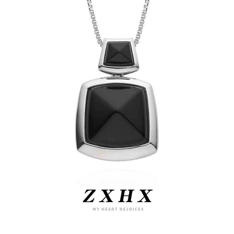 s925银镶嵌方形黑玛瑙几何吊坠奢华夸张大气小众设计简约切面项链