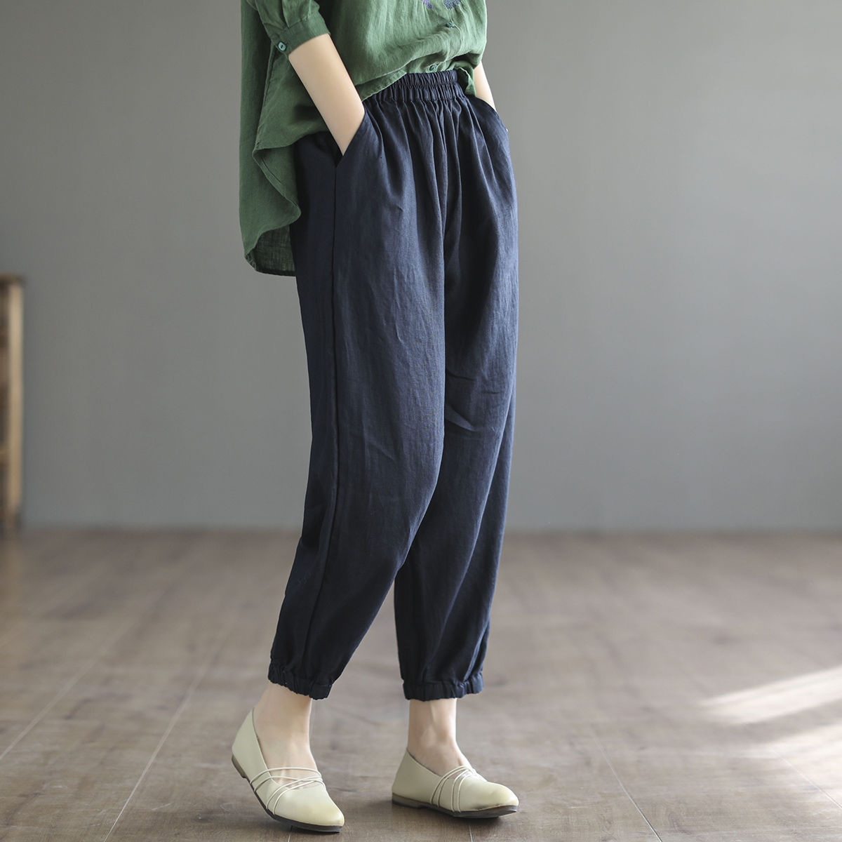 纯棉裤子女2022夏季新款复古文艺大码宽松女士显瘦束腿哈伦灯笼裤