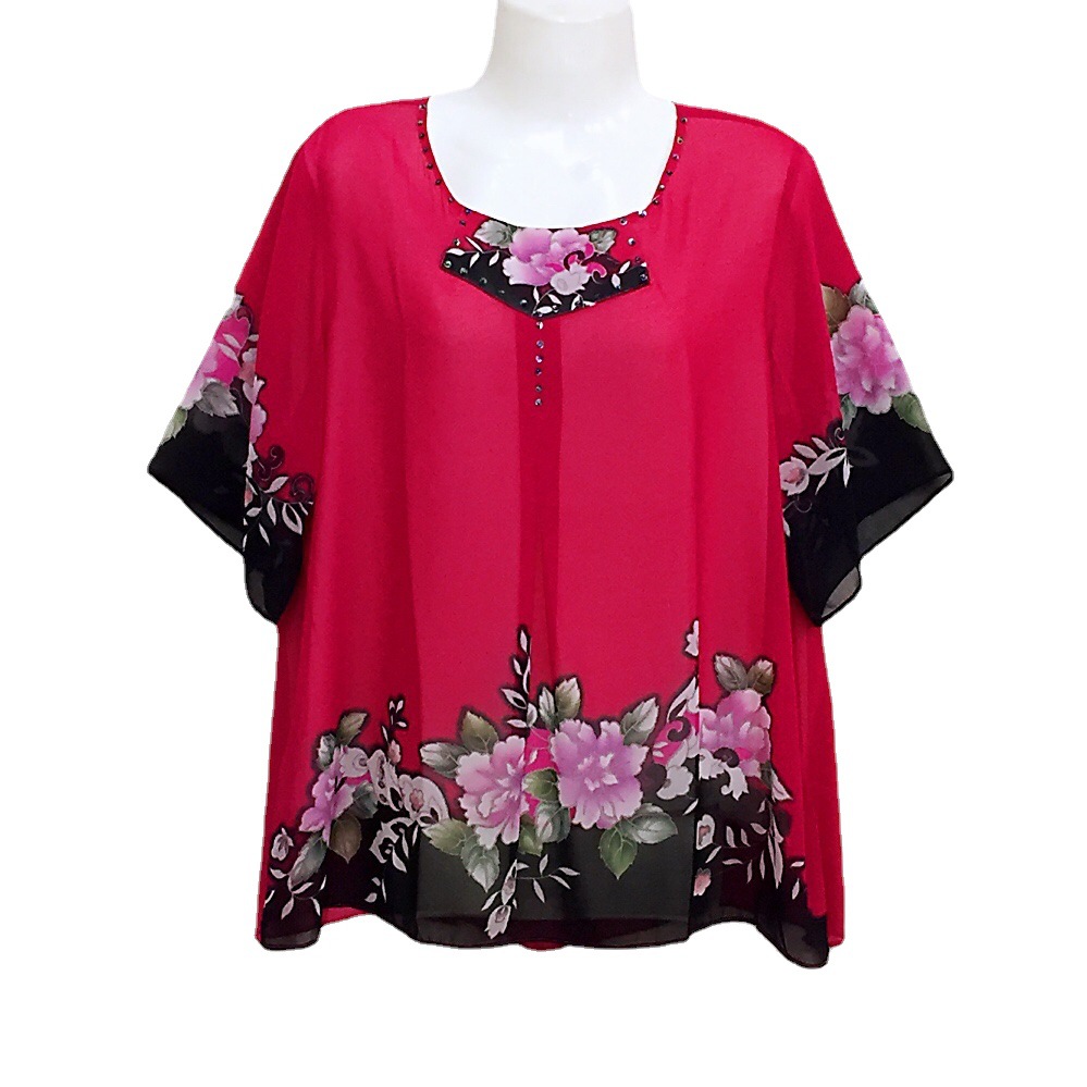 夏季韩版新款女装上衣 雪纺印花薄款圆领短袖宽松大码定位花t恤女