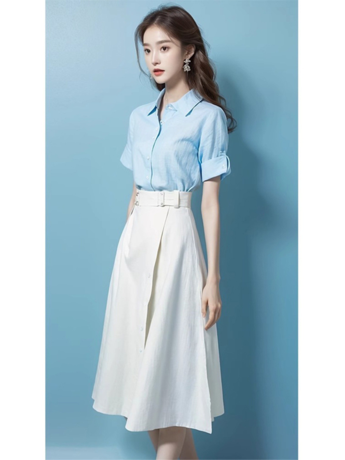 气减龄漂亮时尚炸街小个子搭配一整套白色棉麻衬衫套装裙女夏季