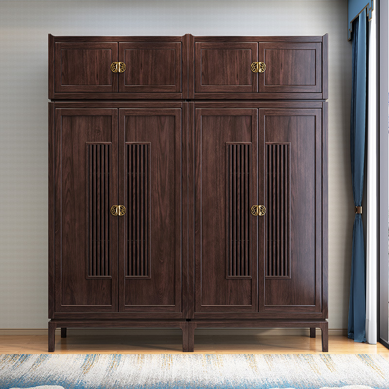 新中式四门衣柜实木衣柜带顶柜卧室大衣橱收纳柜禅意轻奢衣橱1.8m