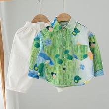 男童秋装套装长袖衬衫儿童绿显白洋气衬衣宝宝小童韩版上衣潮牌