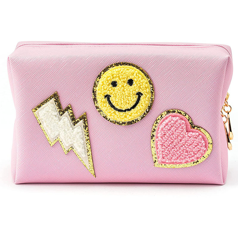 Amazon Smile Embroidery Small Size Girl Cosmetic Bag Pu Hand Holding Square Waterproof Cute Travel Toiletry Bag