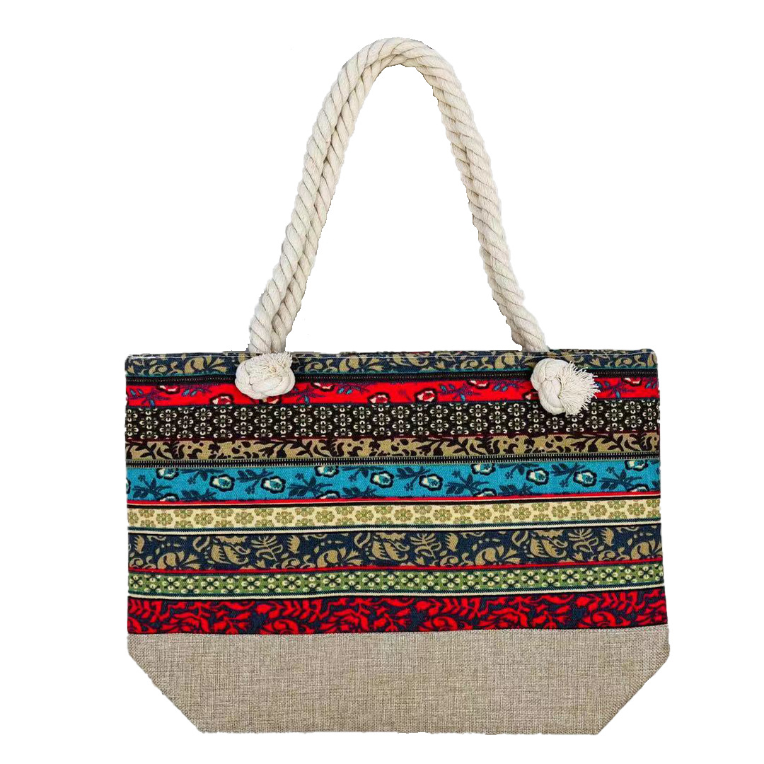 Autumn and Winter New Canvas Cotton and Linen Color Matching Women's Beach Bag Shoulder Bag Mummy Bag Shopping Bag