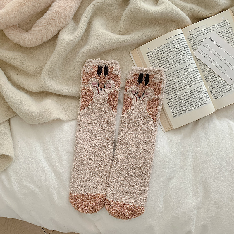 Socks Female Embroidery Small Animal Cute Coral Fleece Tube Socks Autumn and Winter Thickening Warm Floor Socks Home Sleeping Socks