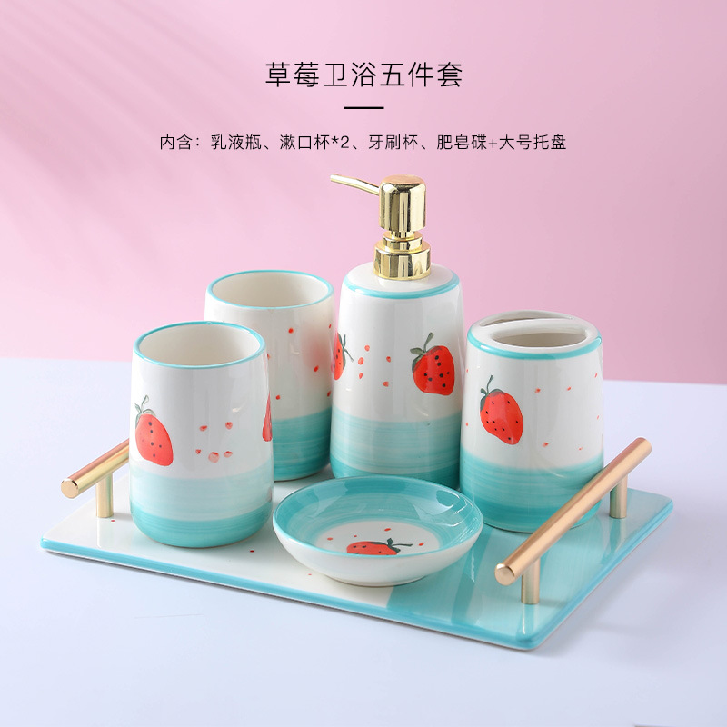 Simple Ceramic Bathroom Decoration Cute Girl Heart Bathroom Five-Piece Set Hand Painted Strawberry Wash Cup Set