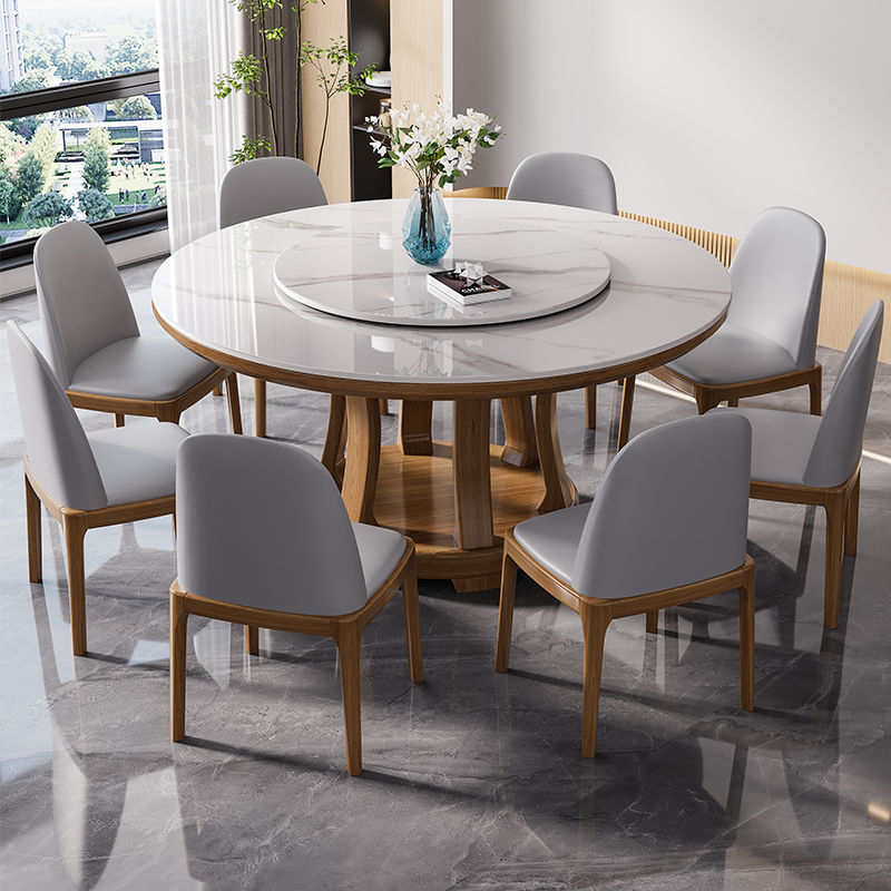 岩板餐桌圆桌转盘现代简约北欧高端电磁炉饭桌家用实木餐桌椅组合