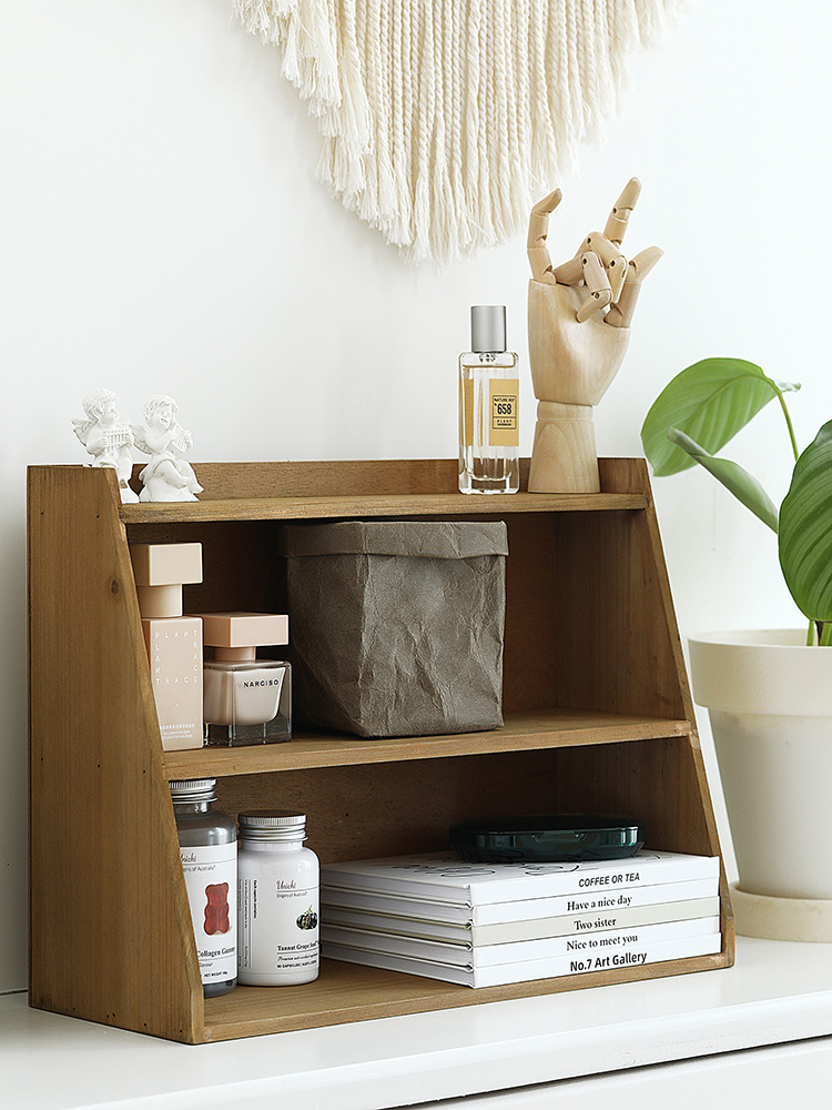 木质多层置物架北欧三层阶梯杯子收纳架复古风格桌面杂物整理架跨