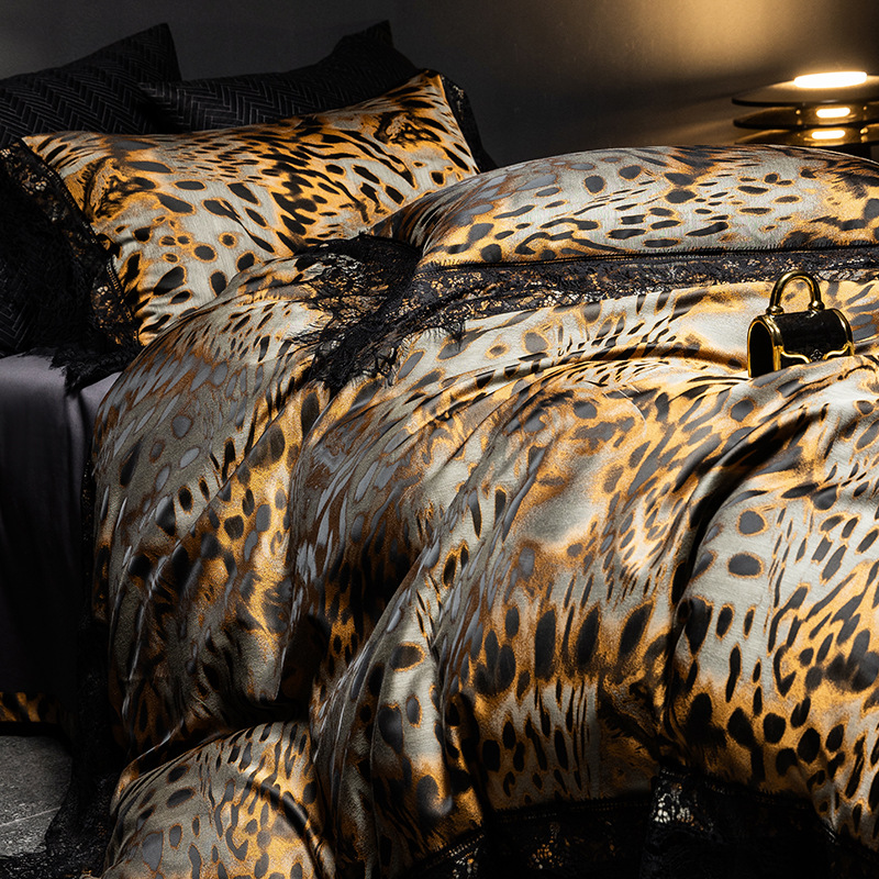 美式豹纹裸睡被套四件套印花被套床上用品母婴轻奢数码印花四件套