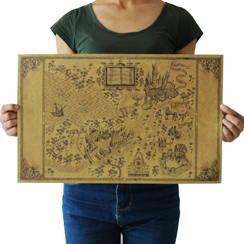 电影哈利波特魔法世界手绘地图活点霍格沃茨牛皮纸复古海报装饰画