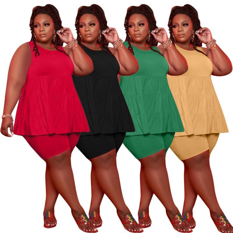 欧美时尚大码女装无袖纯色休闲运动套装