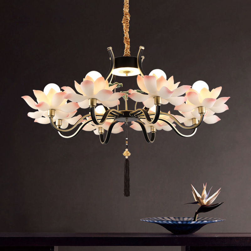 莲花吊灯新中式禅意佛堂寺庙走廊个性复古仿古中国风荷花创意灯具