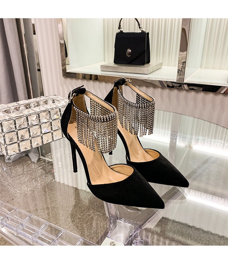 速卖通新款流苏水钻高跟鞋女细跟黑色尖头大码一字带仙女风凉鞋