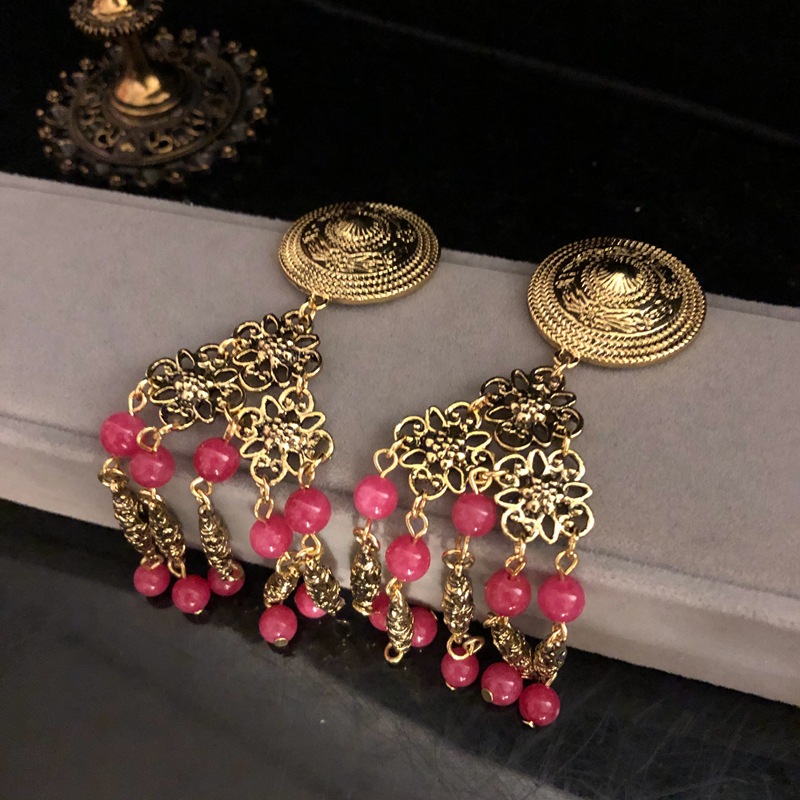 复古宫廷风扫肩耳饰高级设计石头珠流苏长款耳坠镂雕花纹百搭耳环