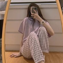 韩国泫雅短袖格子长裤睡衣女春夏季少女学生家居服套装薄