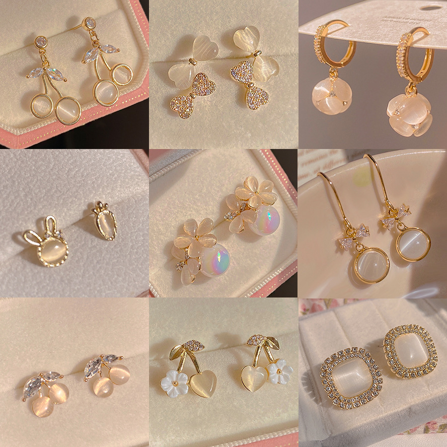 925 silver needle opal earrings high-grade earrings retro elegant internet celebrity simple french earrings wholesale diamond-embedded earrings