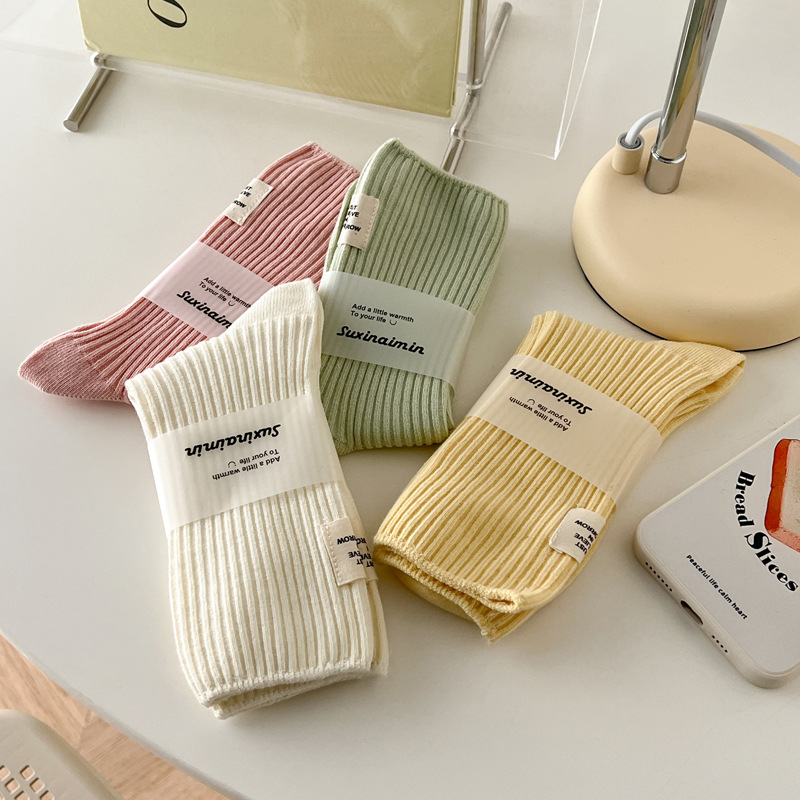 Suxinaimin Socks for Women Spring and Summer New Cotton Double Needle Bunching Socks Japanese Heel Cloth Label Macaron Tube Socks